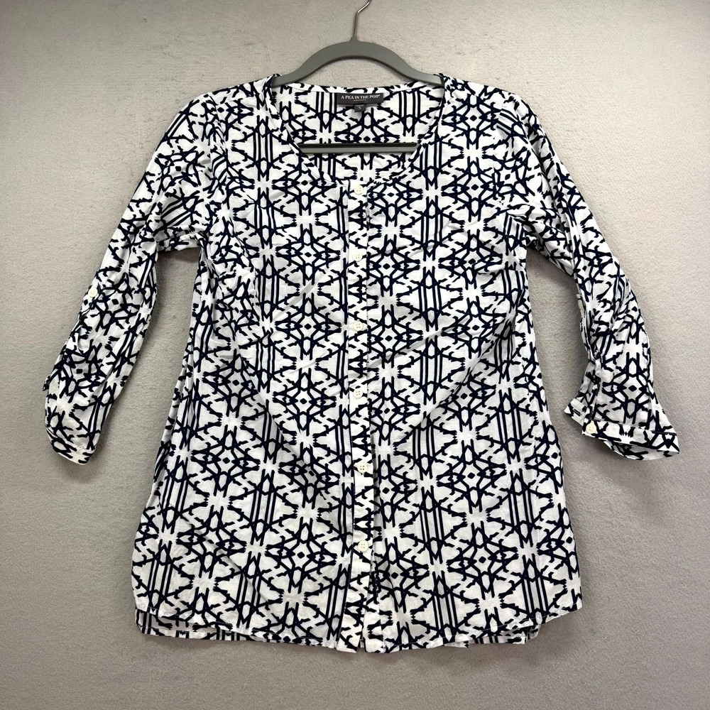 A Pea in the Pod Maternity Blouse Top Womens S Navy White Geometric Button Front